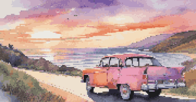 A vintage car driving along a scenic coastal highway at sunset, with vibrant skies and crashing waves.