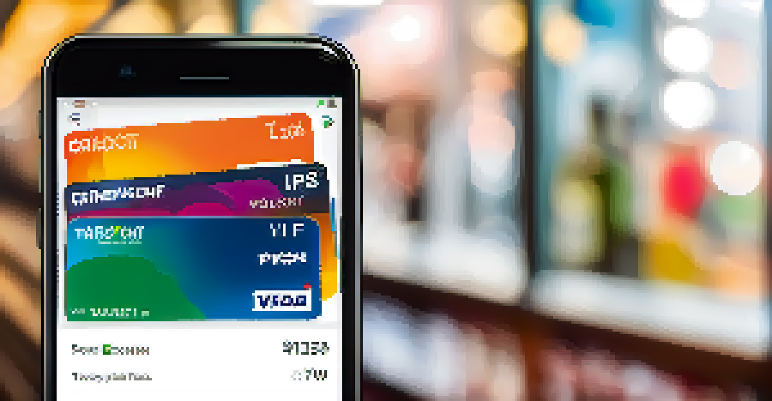 Close-up of a smartphone with a digital wallet app, surrounded by credit cards and cash.