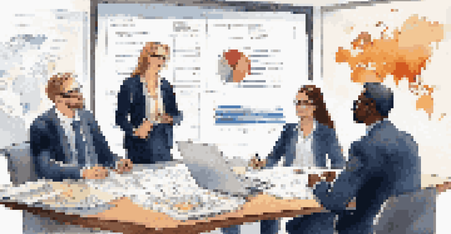 A diverse team of legal professionals collaborating at a conference table with documents and a data display screen.