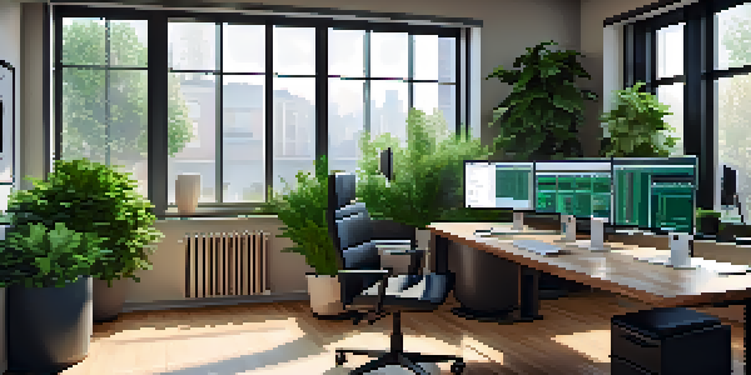 A contemporary office workspace with a computer setup, green plants, and natural light.