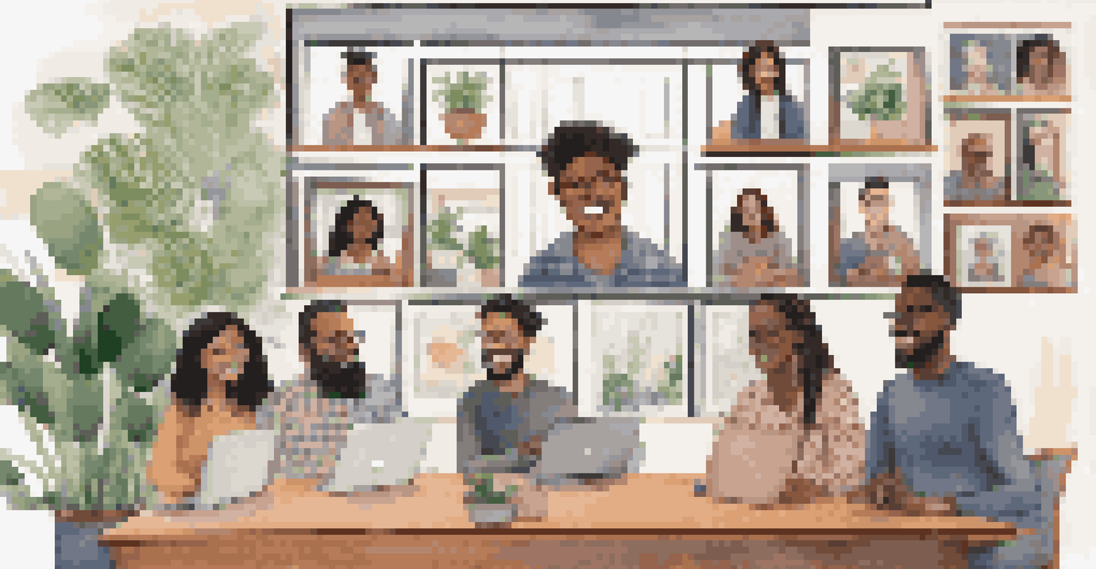 A video conference call featuring diverse remote team members in their home office settings, showcasing connection and collaboration.