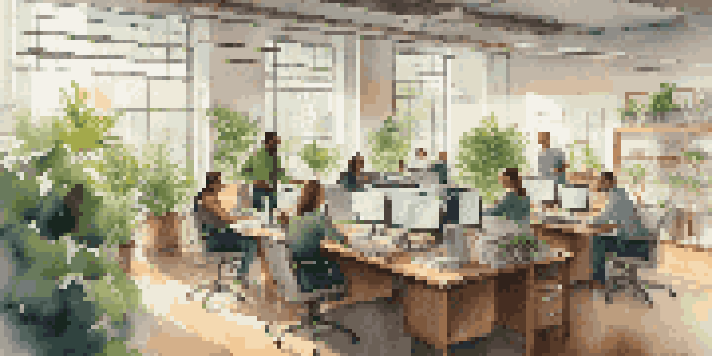 A diverse group of employees working together in a bright, modern office with laptops and documents on a large table.