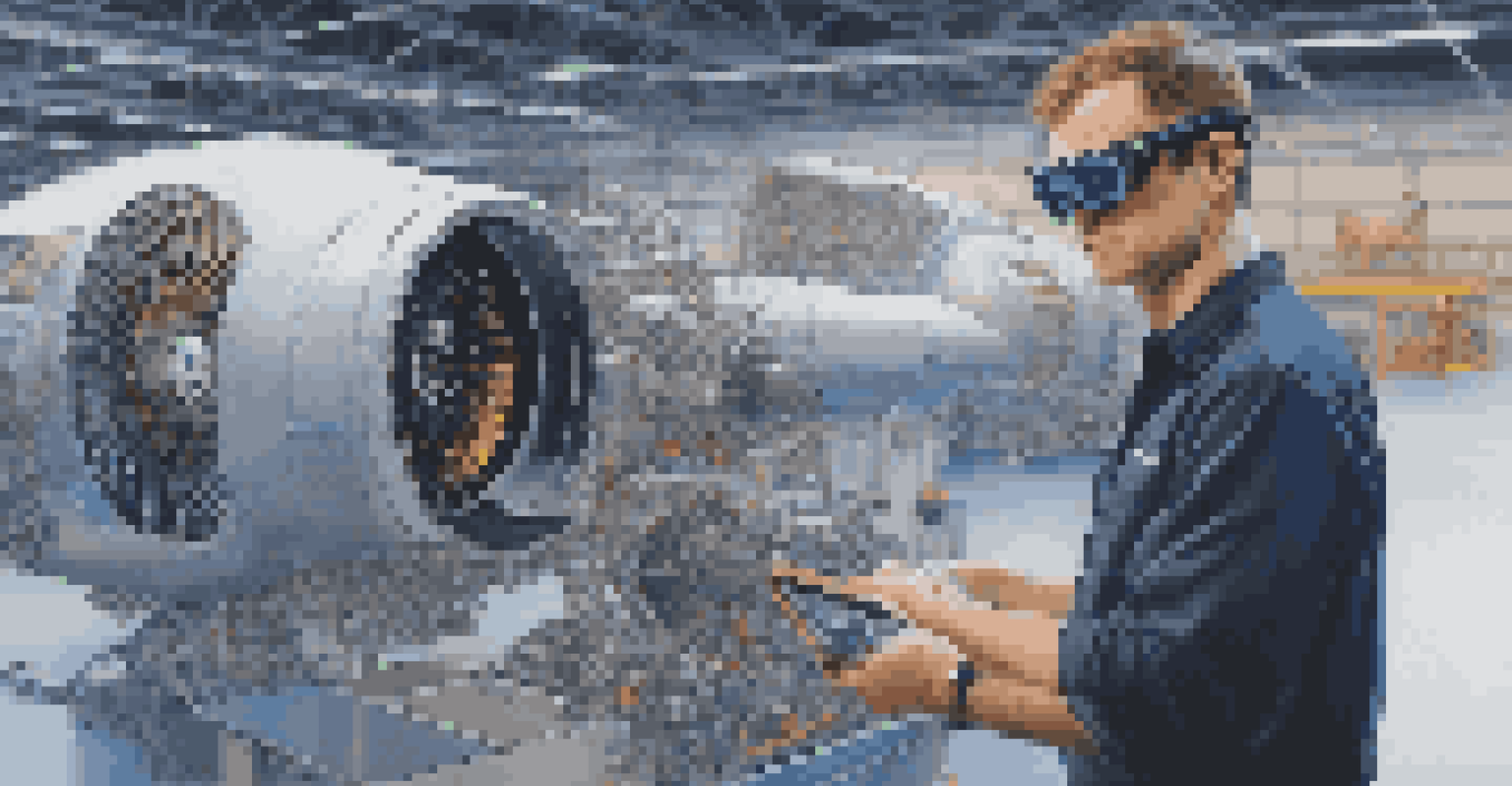 An engineer wearing augmented reality glasses interacting with a digital model of an aircraft engine in a hangar.
