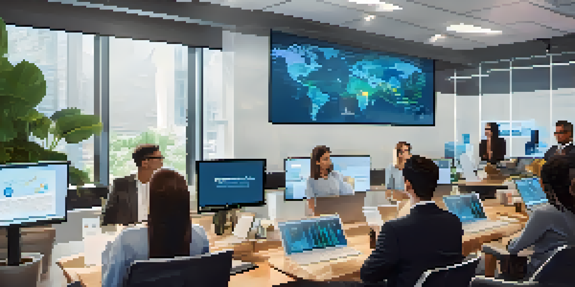 A group of diverse professionals in a modern office attending a cybersecurity training session, with a speaker and a screen showing statistics.
