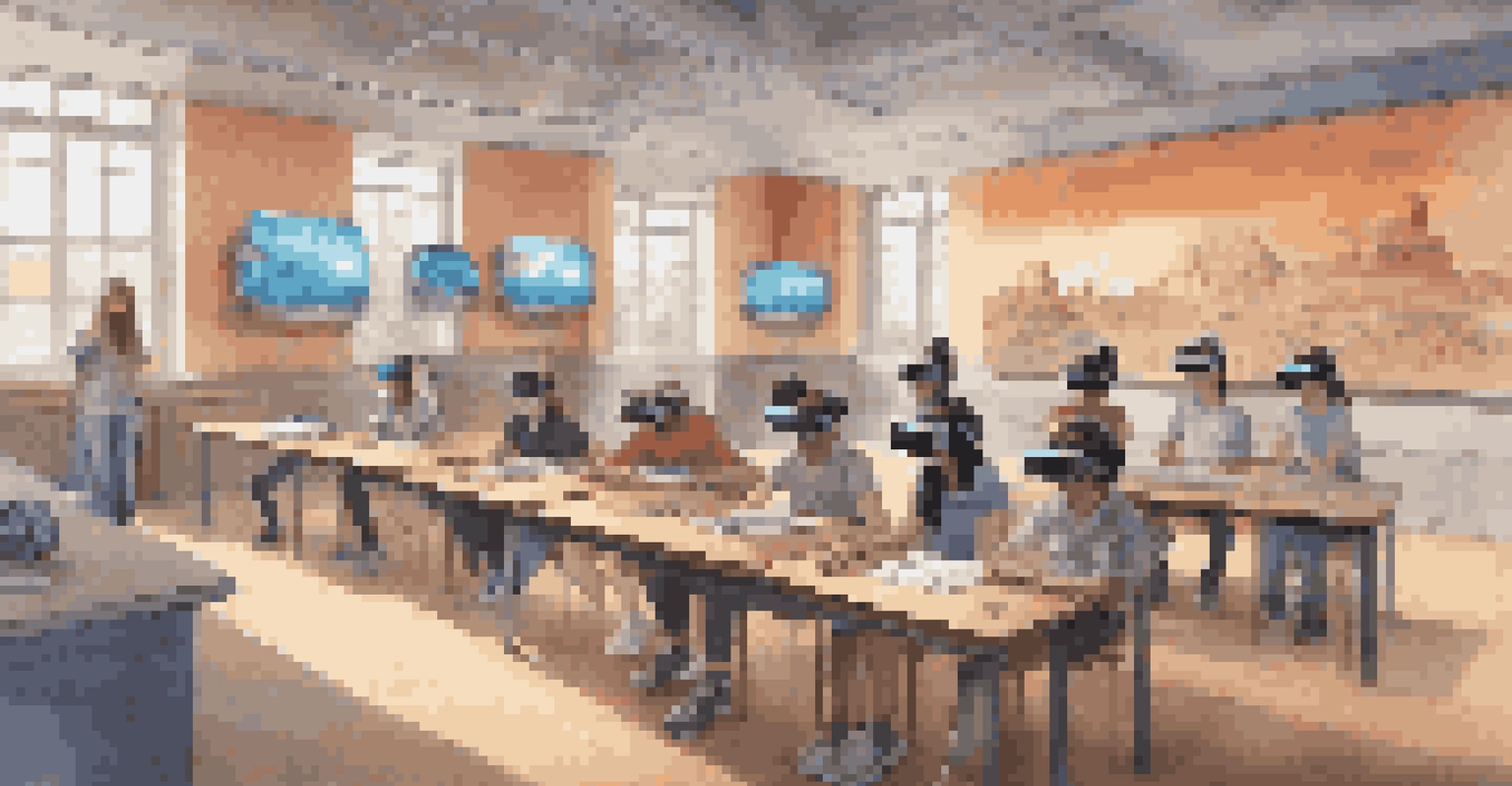 Students using VR headsets in a futuristic classroom, exploring a virtual historical site with interactive elements.