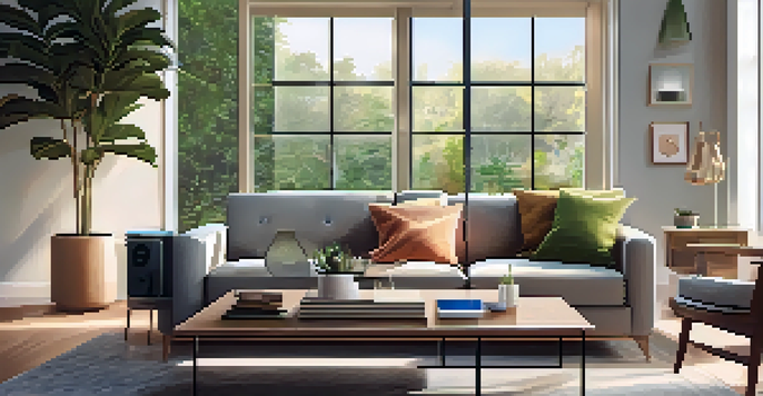 A warm living room with a smart thermostat, showcasing modern furniture and soft natural light.