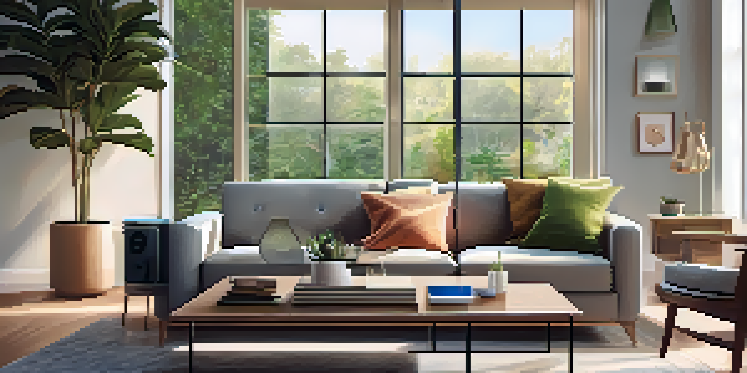A warm living room with a smart thermostat, showcasing modern furniture and soft natural light.