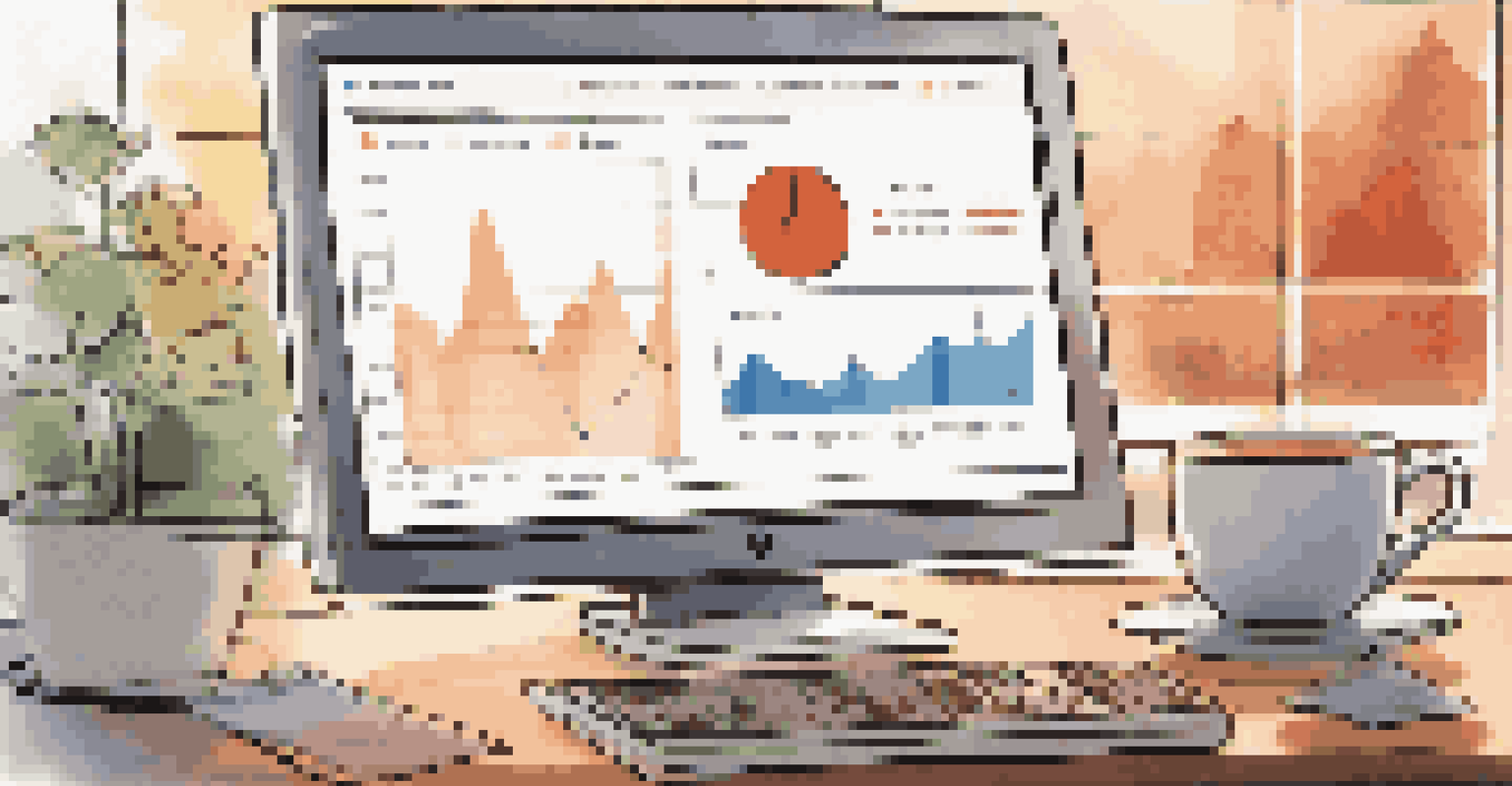 Close-up of a computer screen showing user-centered metrics with graphs and charts, set in a cozy workspace.