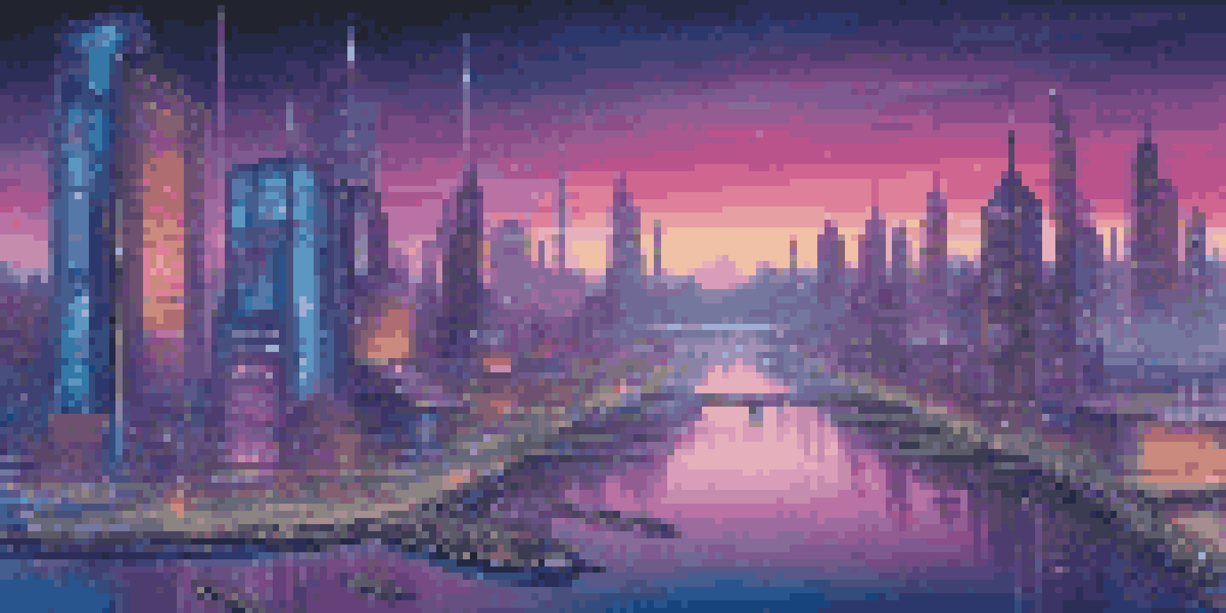 A vibrant futuristic city skyline with glowing quantum computing facilities at dusk, reflecting on a river.