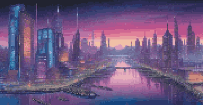 A vibrant futuristic city skyline with glowing quantum computing facilities at dusk, reflecting on a river.