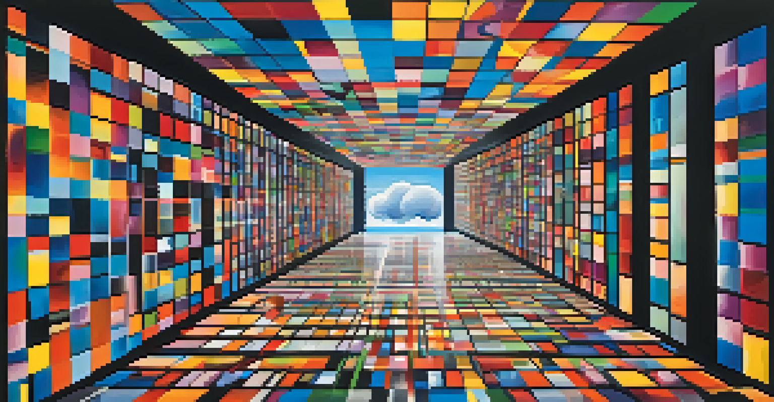 Abstract image of colorful geometric shapes representing virtual machines in a digital space with binary code.
