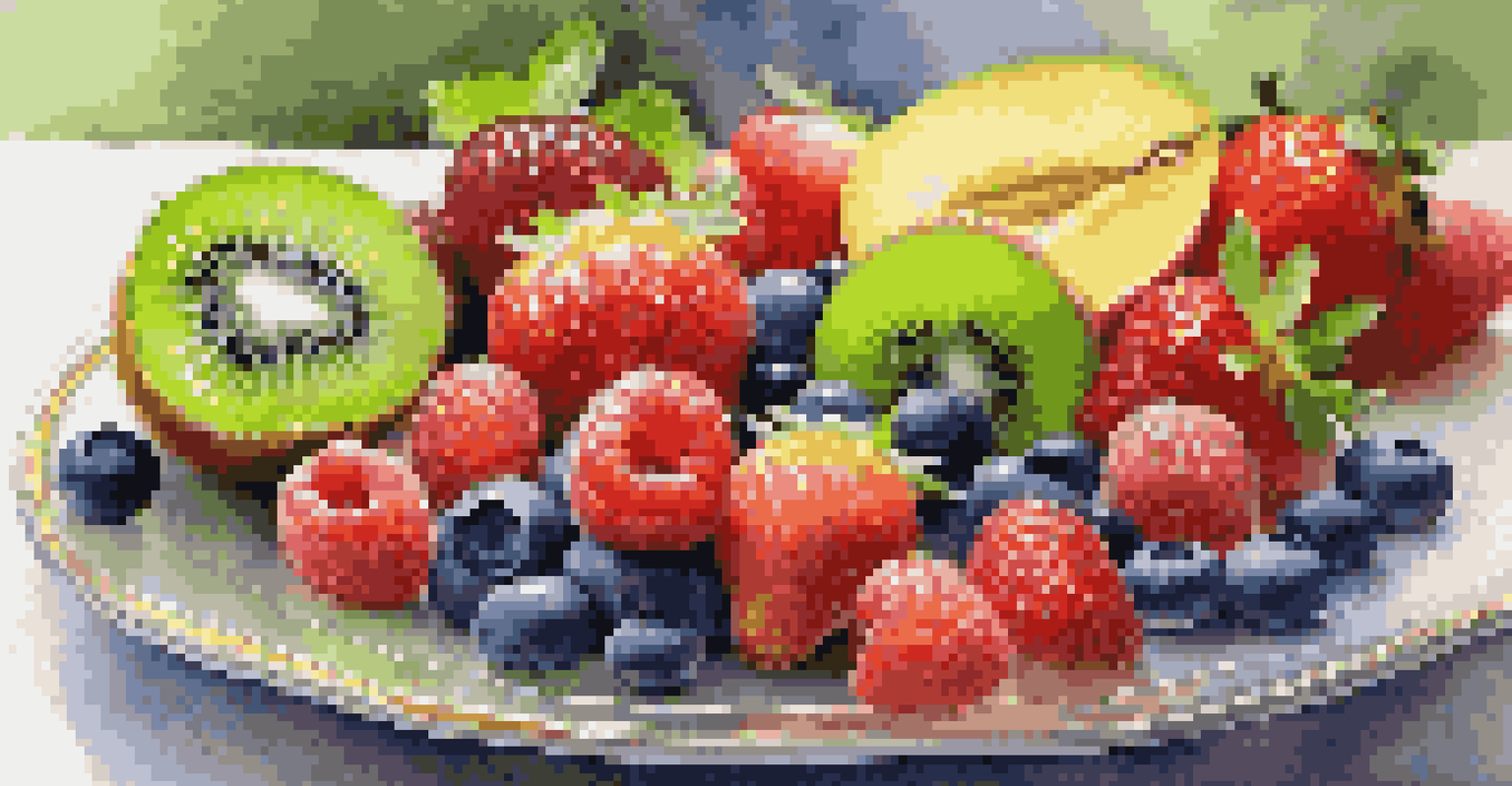A close-up of a plate with fresh assorted fruits including strawberries, kiwi, and blueberries, garnished with mint.