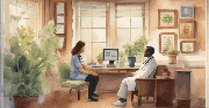 A doctor and a patient engaged in a friendly discussion in a well-lit doctor's office, with a digital tablet showing health data.