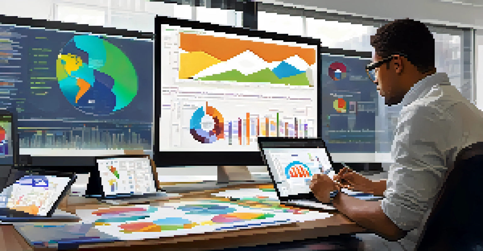 A workspace with a person analyzing colorful data visualizations on a laptop, surrounded by notepads and pens.