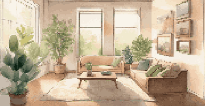 A person using augmented reality to visualize furniture in their living room, with natural light illuminating the scene.