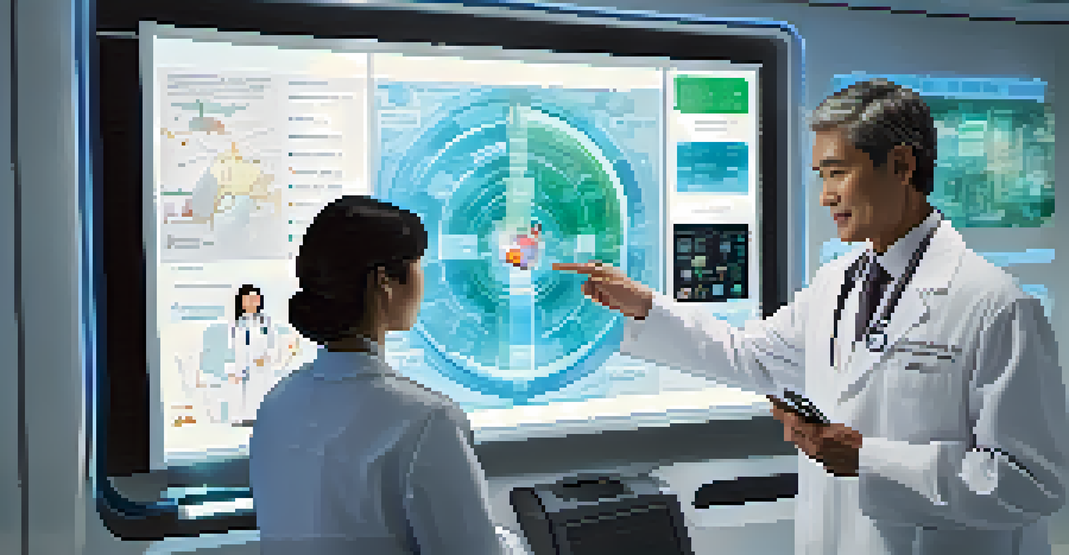 A doctor and an older patient collaborating over a digital therapeutic platform in a modern healthcare environment, with advanced technology in the background.