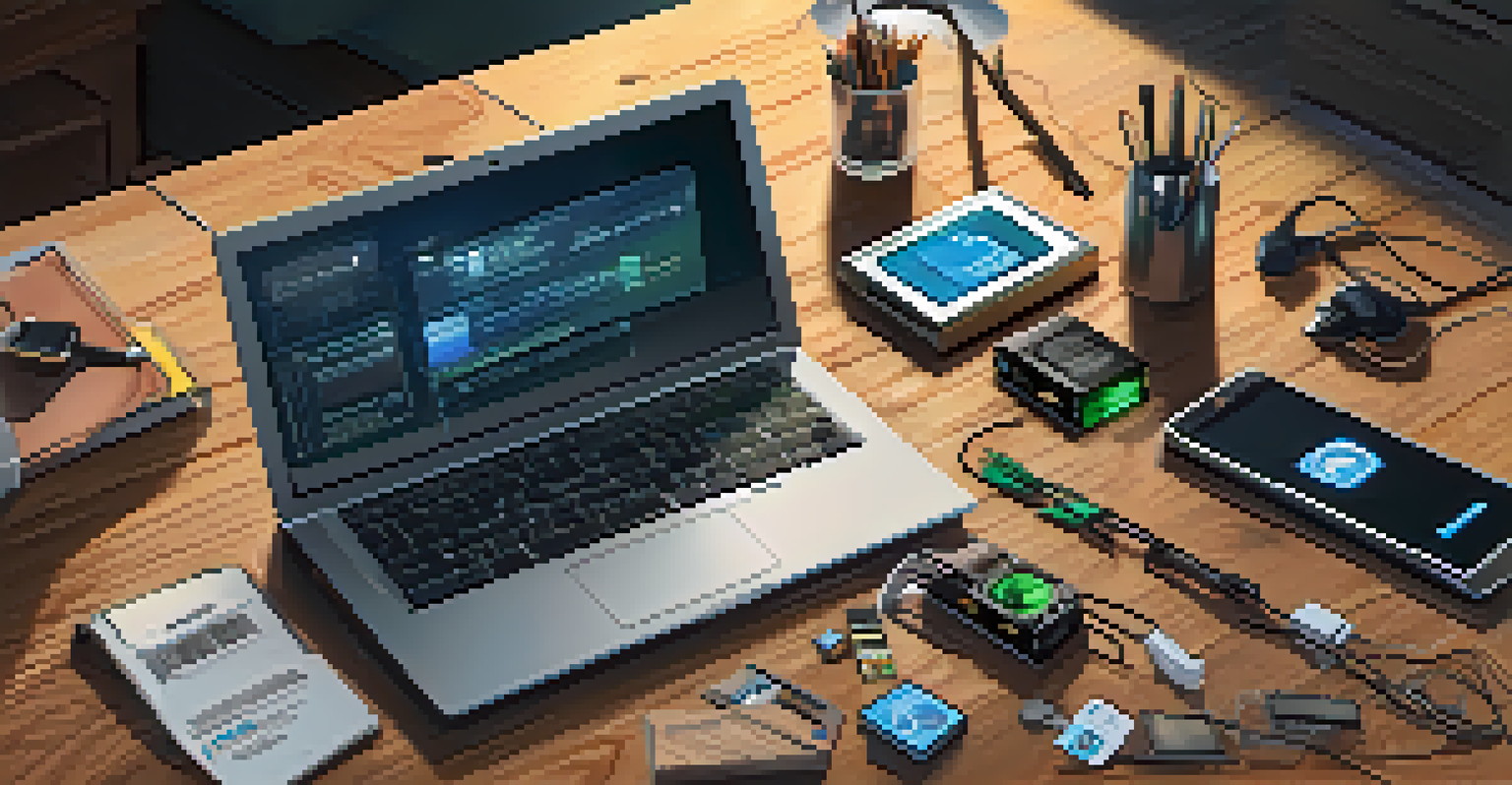 A digital forensics toolkit displayed on a wooden table, including a laptop and external hard drives.