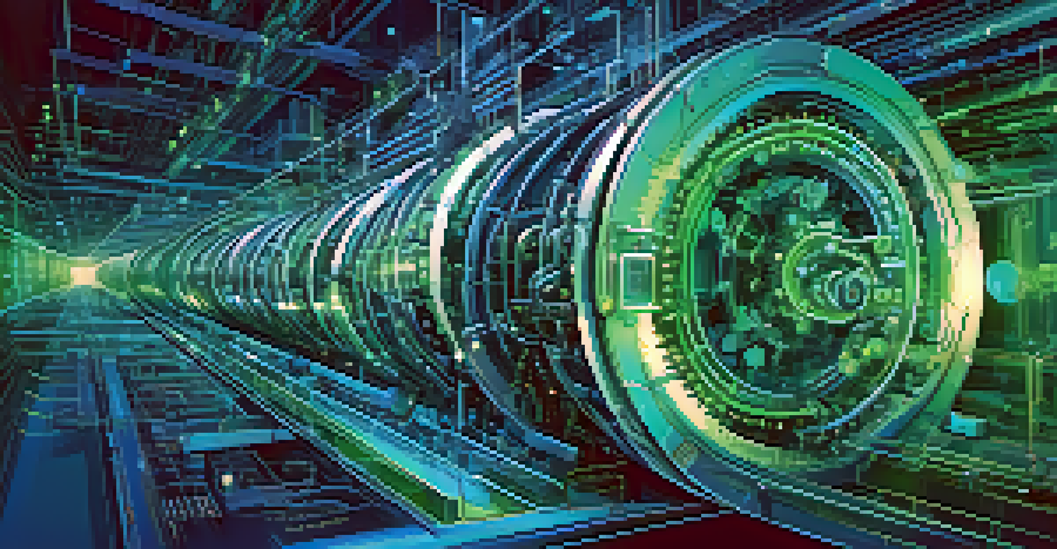 An abstract visual of a continuous integration pipeline with gears and code snippets in a futuristic digital setting, featuring a blue and green color scheme.