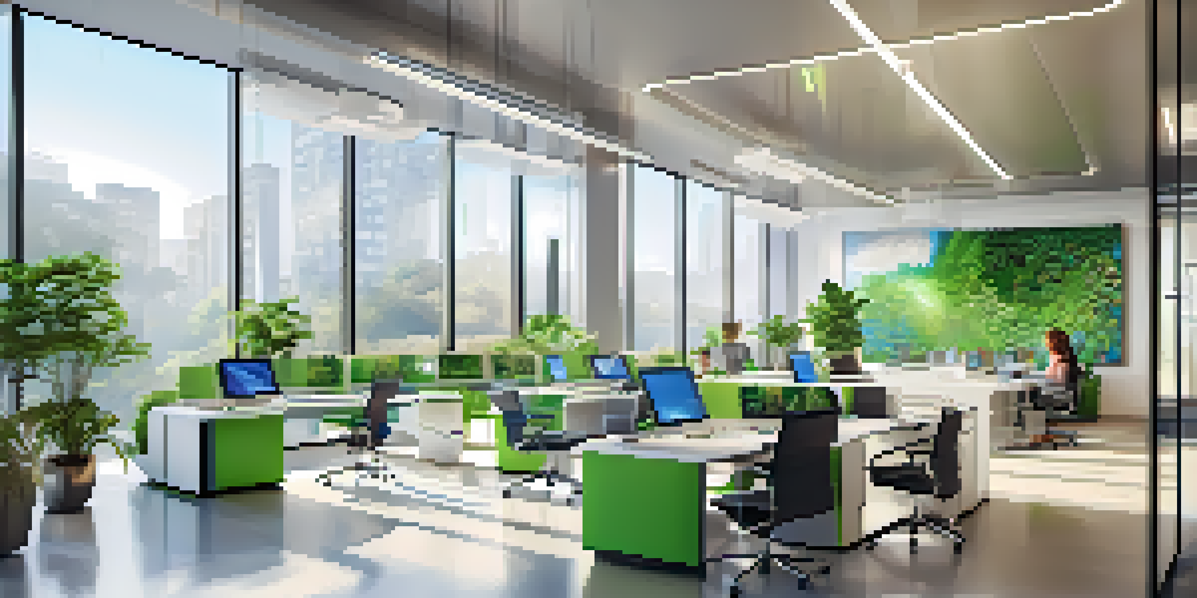 A modern real estate office with professionals working collaboratively around a table with digital devices, featuring large windows and bright decor.