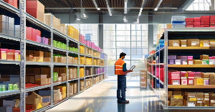A well-organized e-commerce warehouse with colorful product boxes and a worker scanning items, illuminated by natural light.