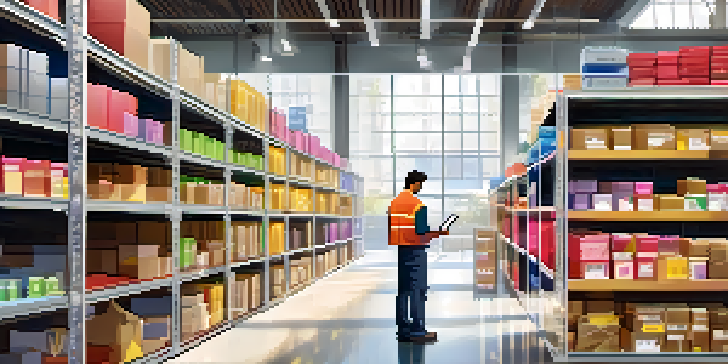 A well-organized e-commerce warehouse with colorful product boxes and a worker scanning items, illuminated by natural light.