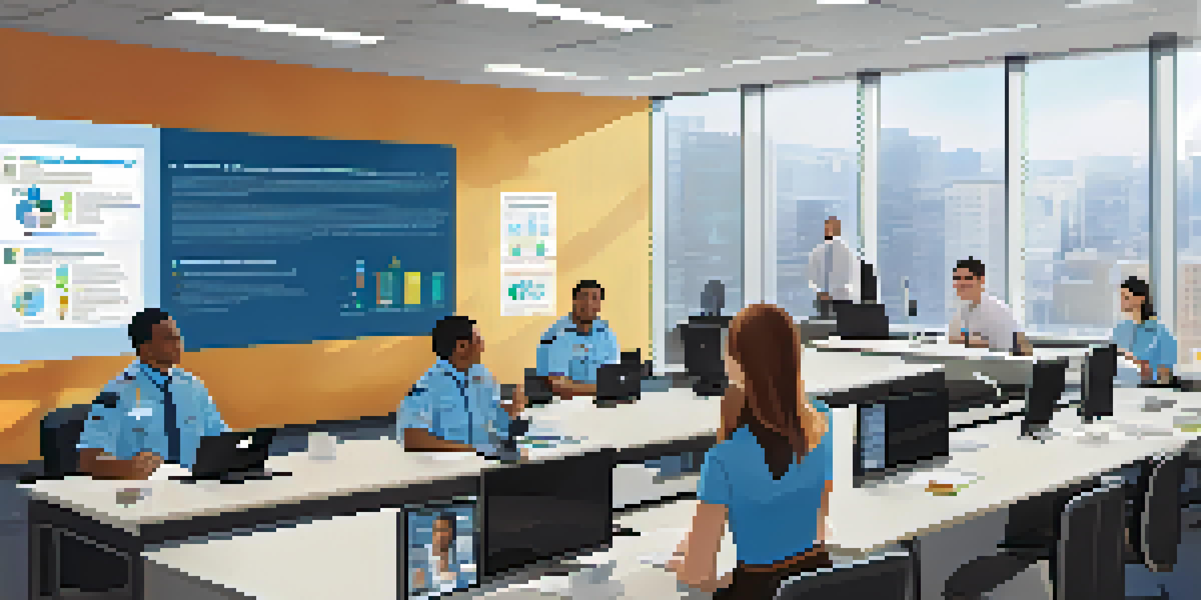 A diverse team of employees in a well-lit office participating in a cloud security compliance training session, with a presentation on a screen and motivational posters on the walls.