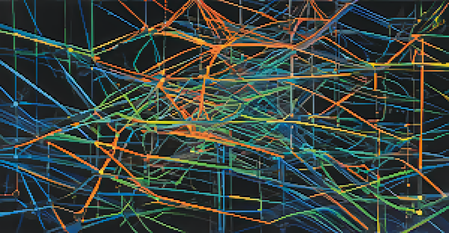 An abstract visualization of data connections in vibrant colors flowing through a digital landscape.