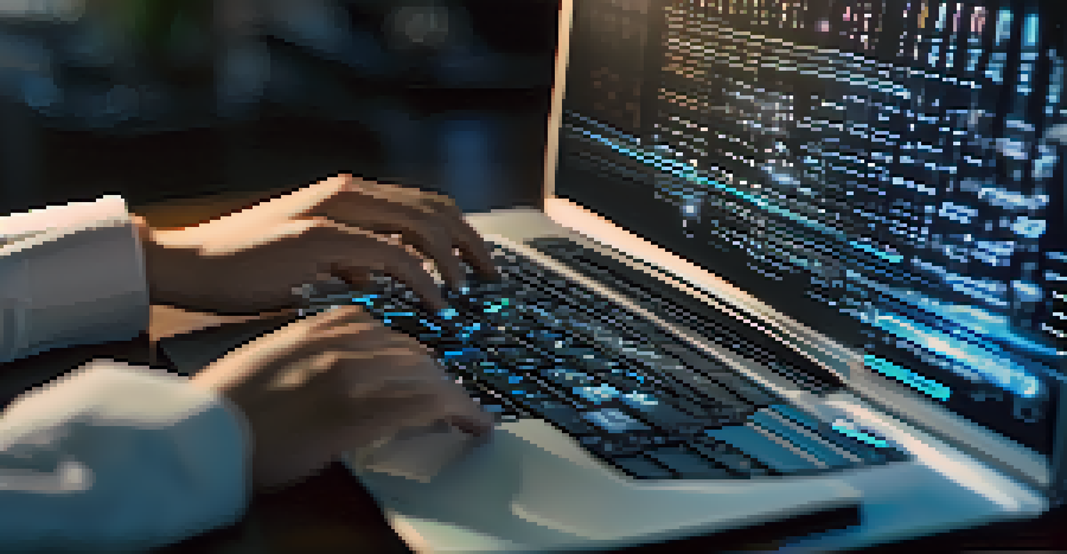 A close-up of hands typing on a laptop with holographic data protection icons above the keyboard, representing ethical data management.