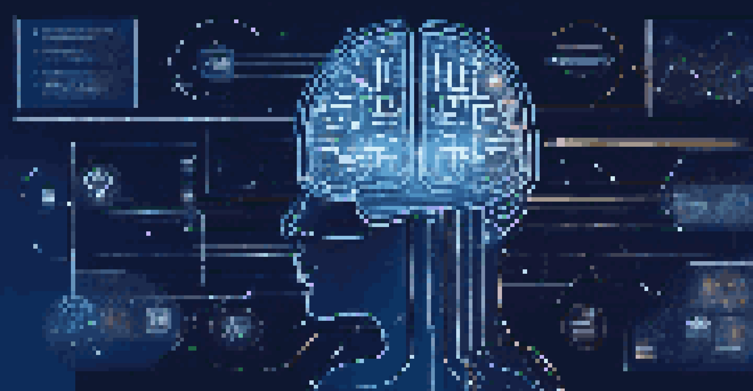 An abstract image showing a futuristic digital brain analyzing data for privacy compliance, surrounded by binary code and data icons on a dark blue background.