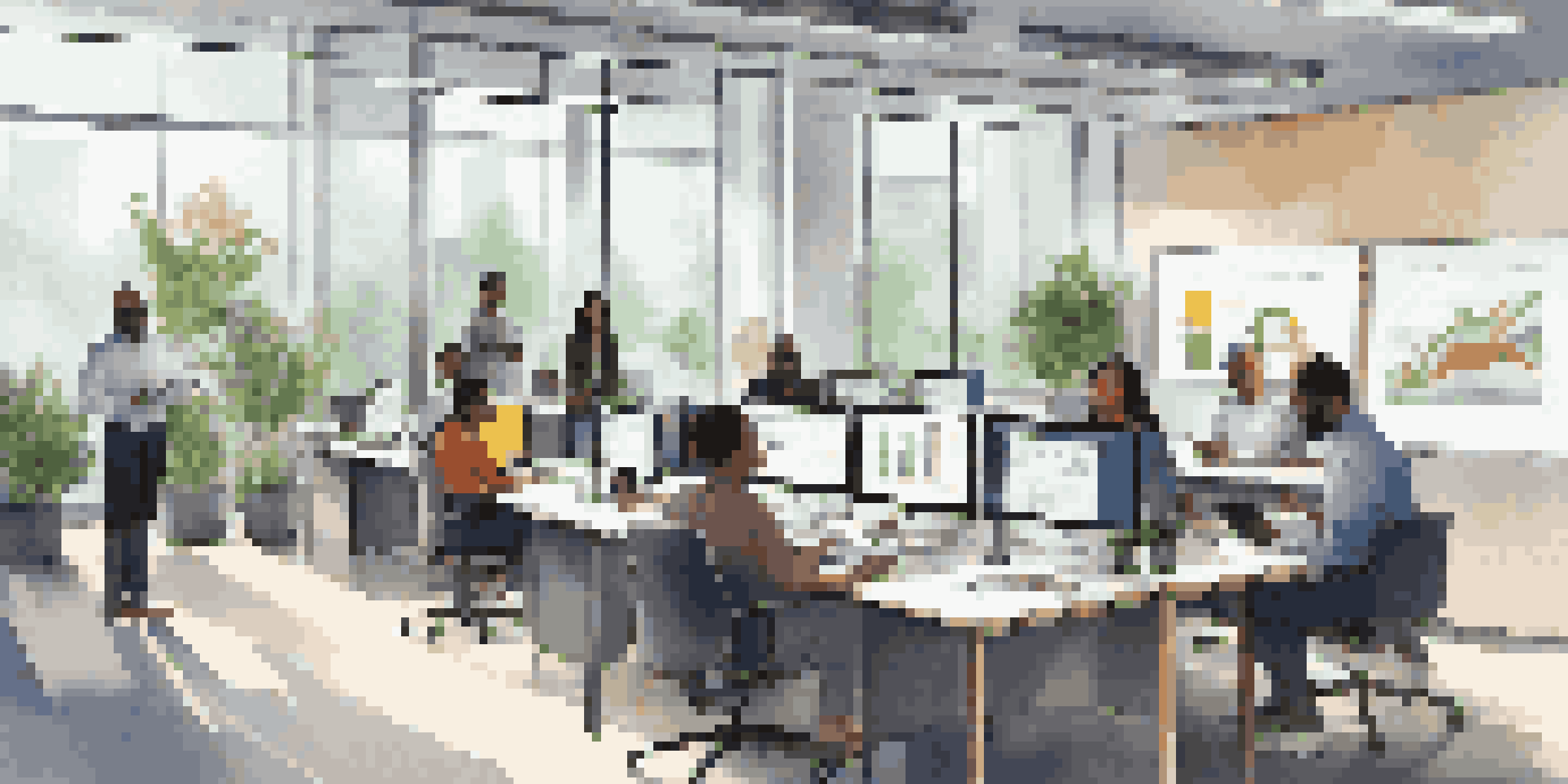 A diverse group of employees collaborating in a modern office filled with natural light, discussing ideas around a large table.