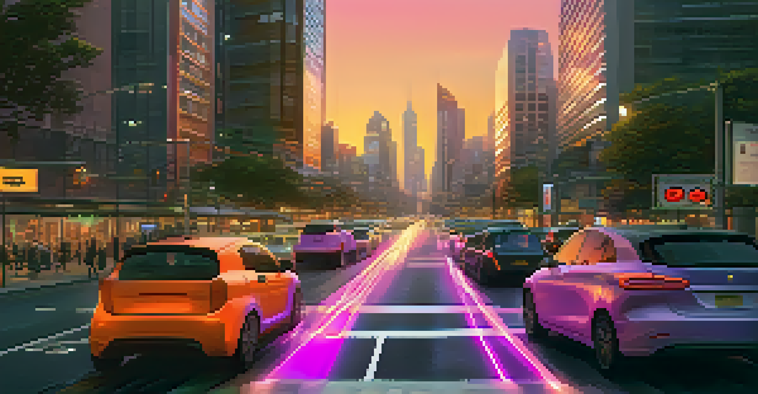 A vibrant city scene at dusk with illuminated traffic lights and autonomous vehicles, showcasing modern skyscrapers and smart traffic signals adjusting in real-time.