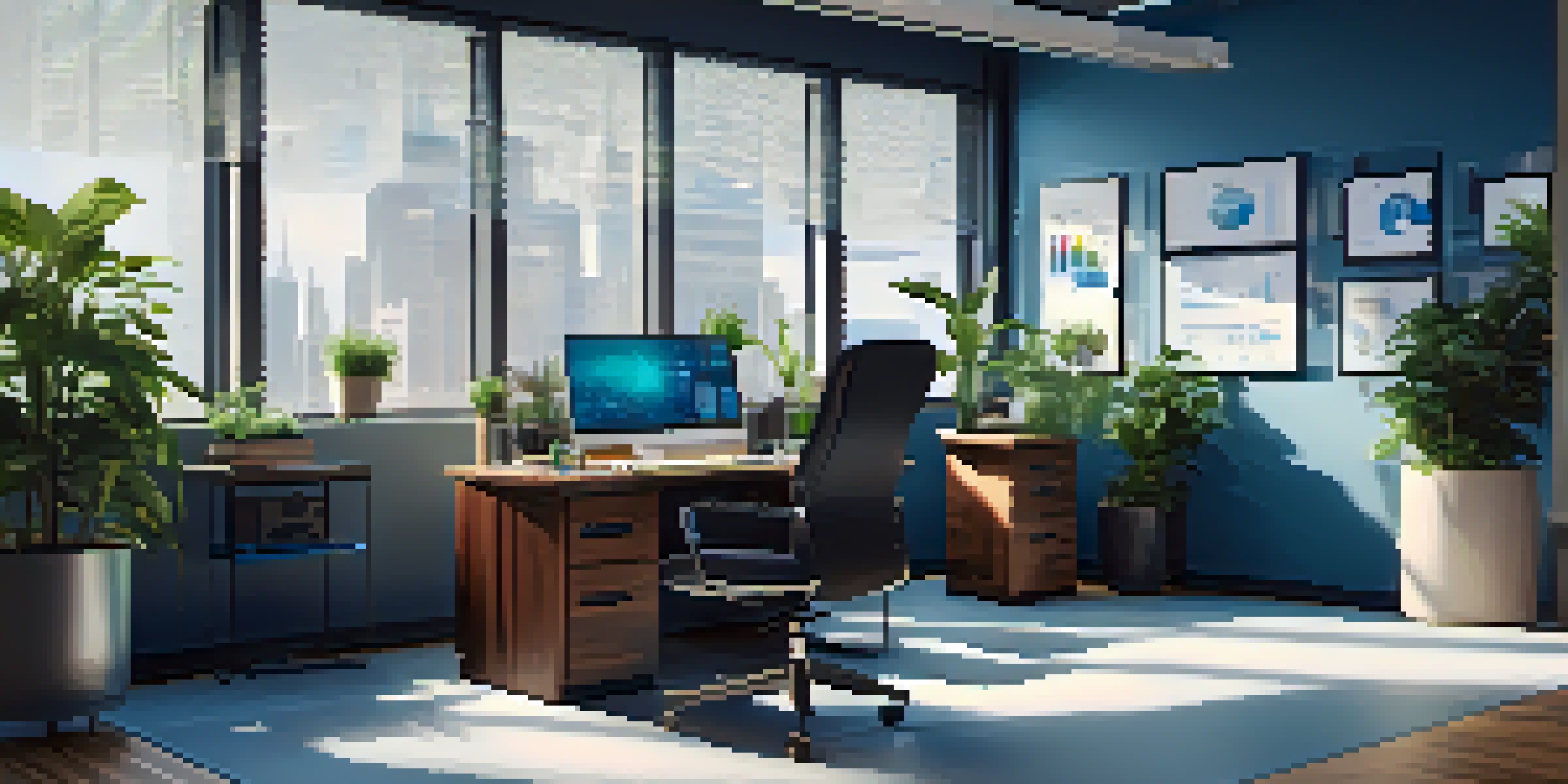 A modern office with a desk and computer, equipped with digital surveillance tools like cameras and data screens, illuminated by natural light.