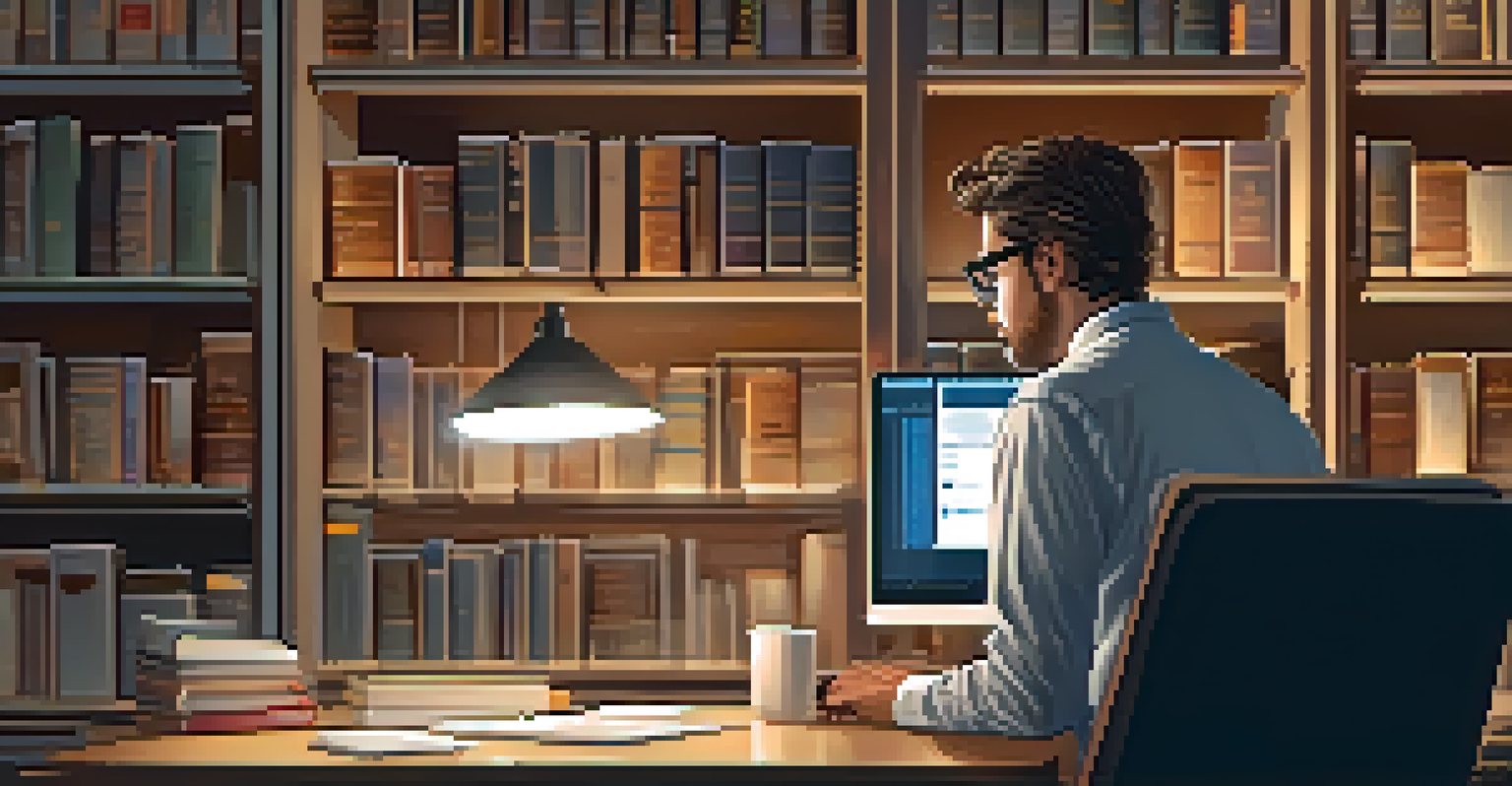 An employee focused on a computer screen displaying a knowledge management system, with bookshelves in the background and a warm, cozy ambiance.