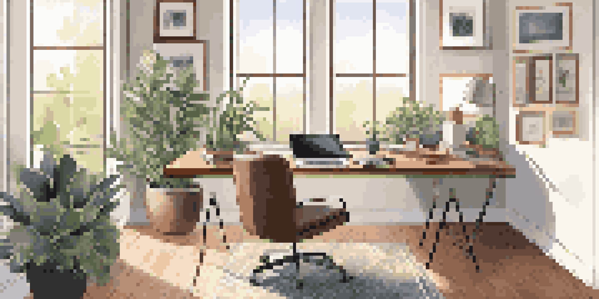 A contemporary home office with a desk and laptop under natural light near a large window.