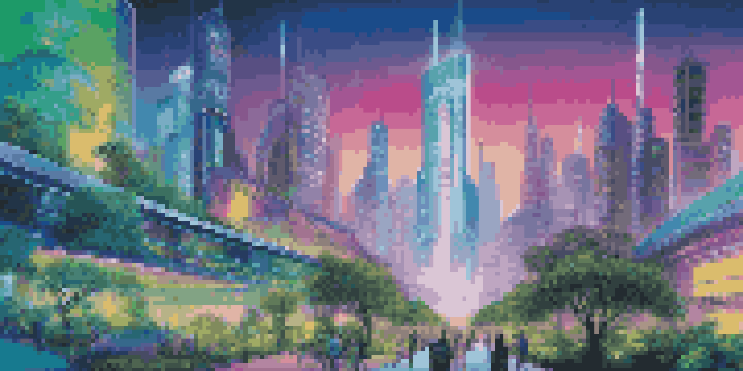 A futuristic city with advanced technologies, including people using brain-computer interfaces, surrounded by modern buildings and green parks under a clear blue sky.