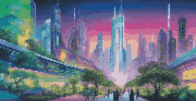 A futuristic city with advanced technologies, including people using brain-computer interfaces, surrounded by modern buildings and green parks under a clear blue sky.