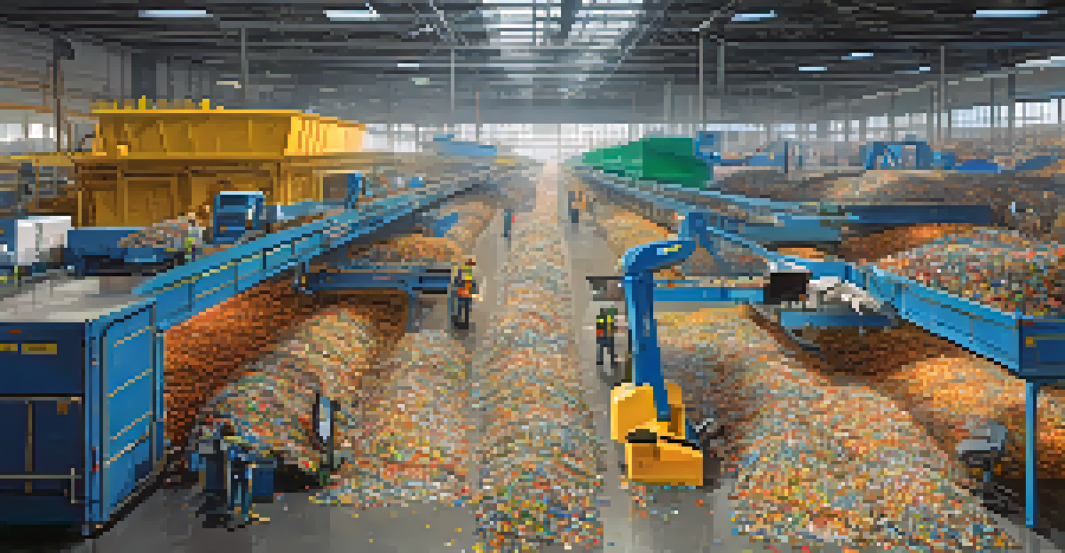 A modern recycling facility with robotic sorting machines and workers monitoring the process.