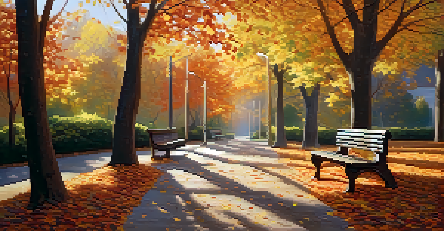 A peaceful autumn park with colorful leaves, a wooden bench, and sunlight filtering through the trees.