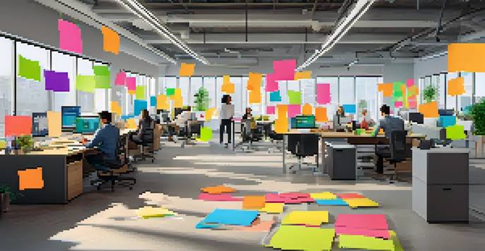 A diverse team of professionals collaborating in a bright modern office with large windows and colorful sticky notes.