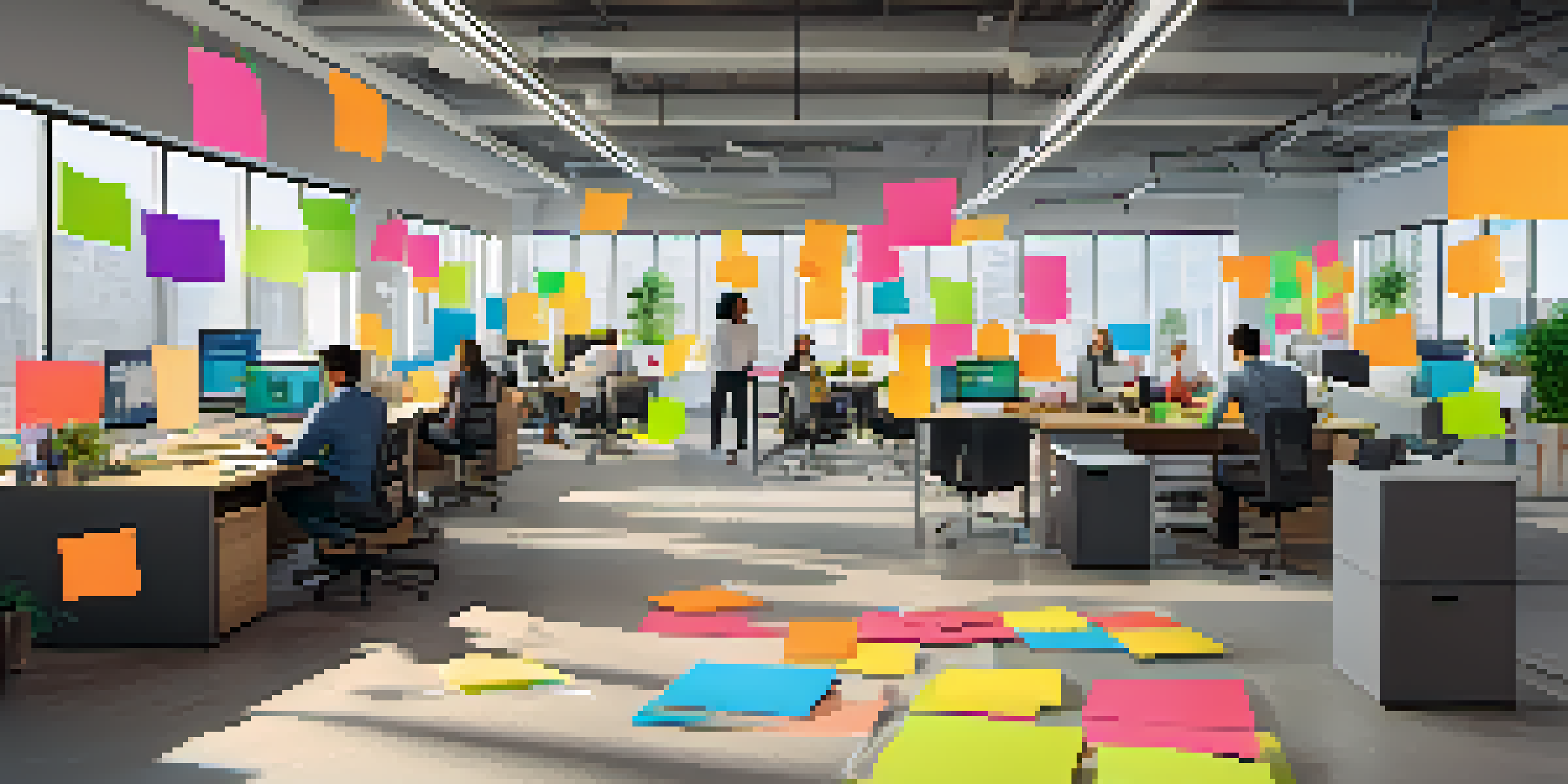 A diverse team of professionals collaborating in a bright modern office with large windows and colorful sticky notes.