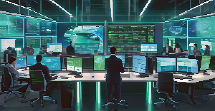 A diverse team in a modern control center analyzing data on large screens related to digital supply chains.