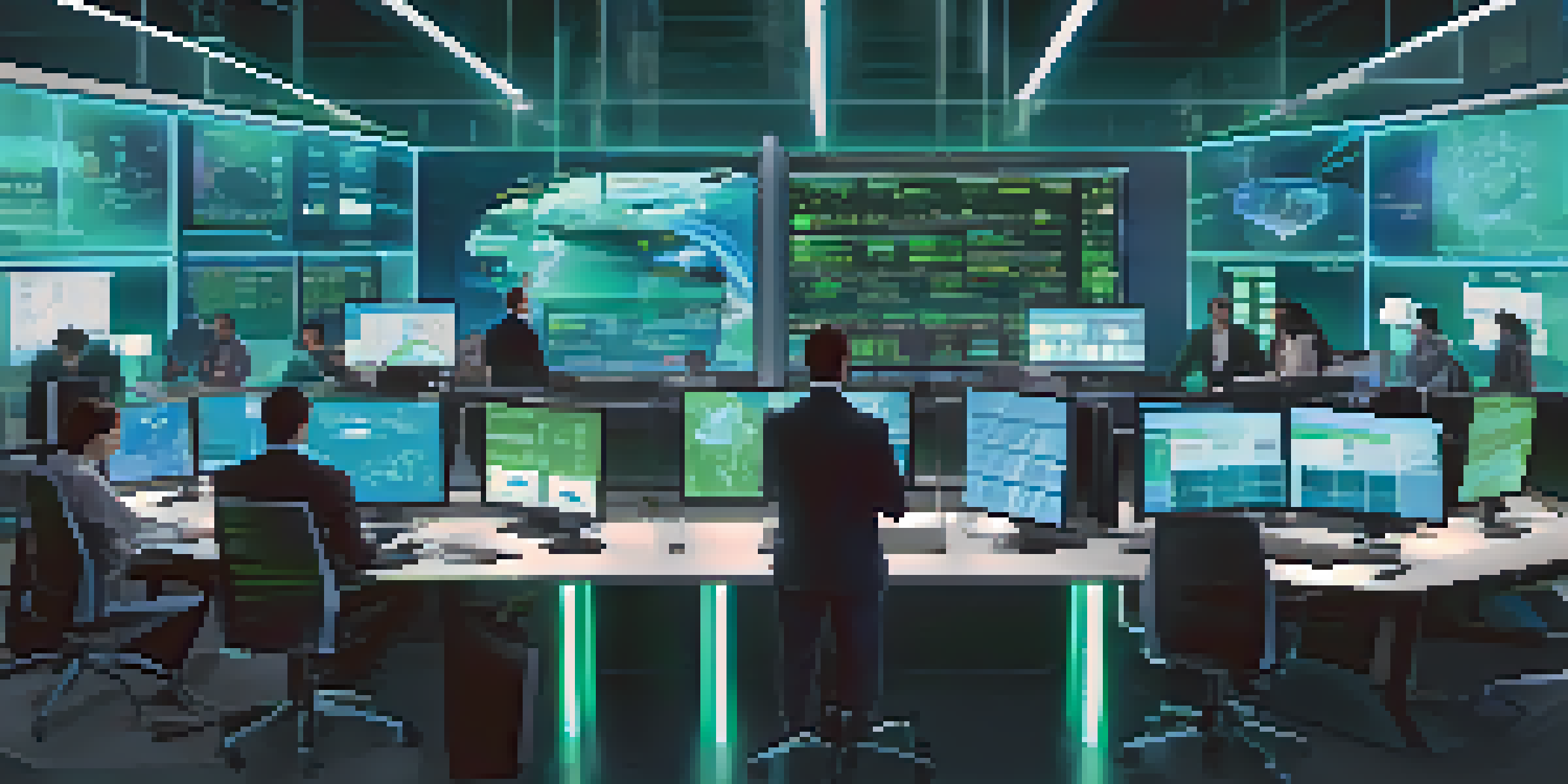 A diverse team in a modern control center analyzing data on large screens related to digital supply chains.