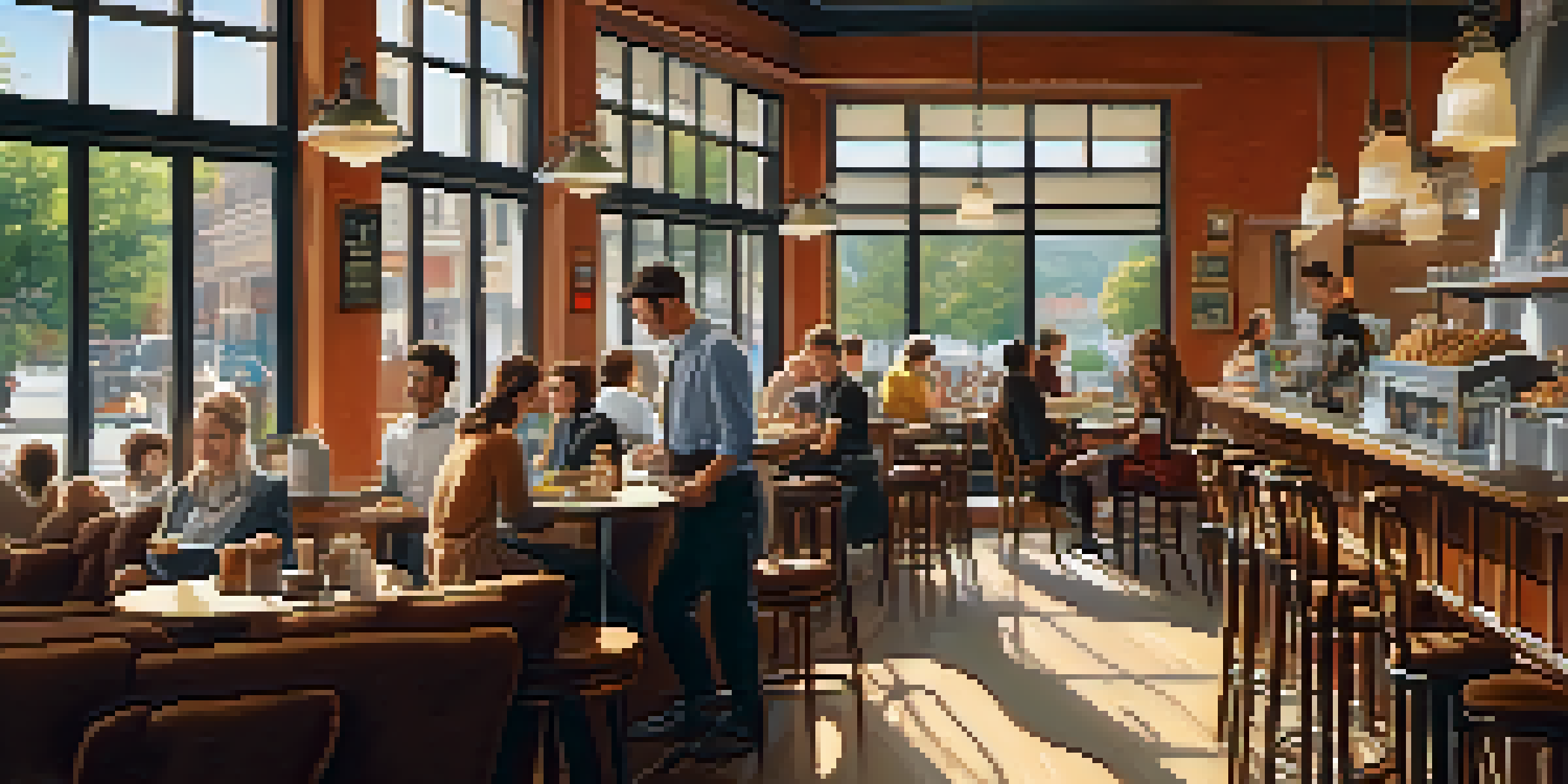 A warm and inviting café with wooden tables and bright sunlight coming through large windows, showcasing a barista making coffee and customers enjoying their pastries.