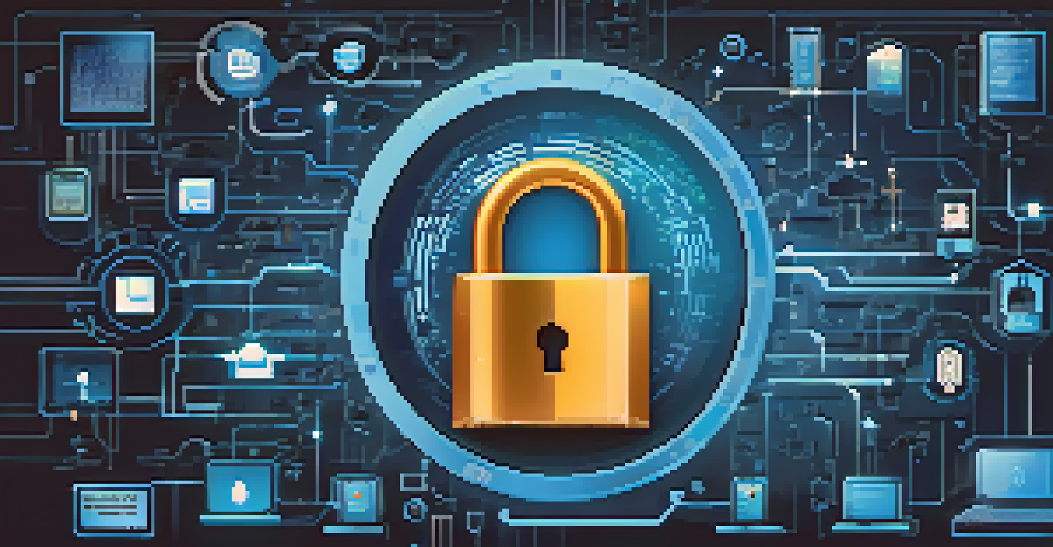 A digital lock surrounded by technology icons representing data protection, set against a gradient blue background.