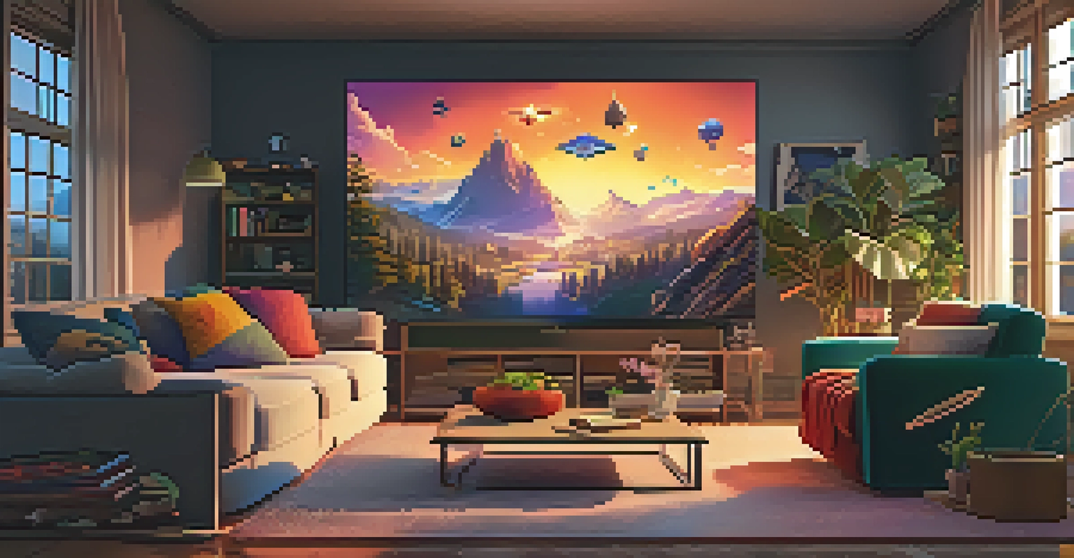 A cozy living room with a player engaged in virtual reality gaming, surrounded by colorful graphics and gaming memorabilia.