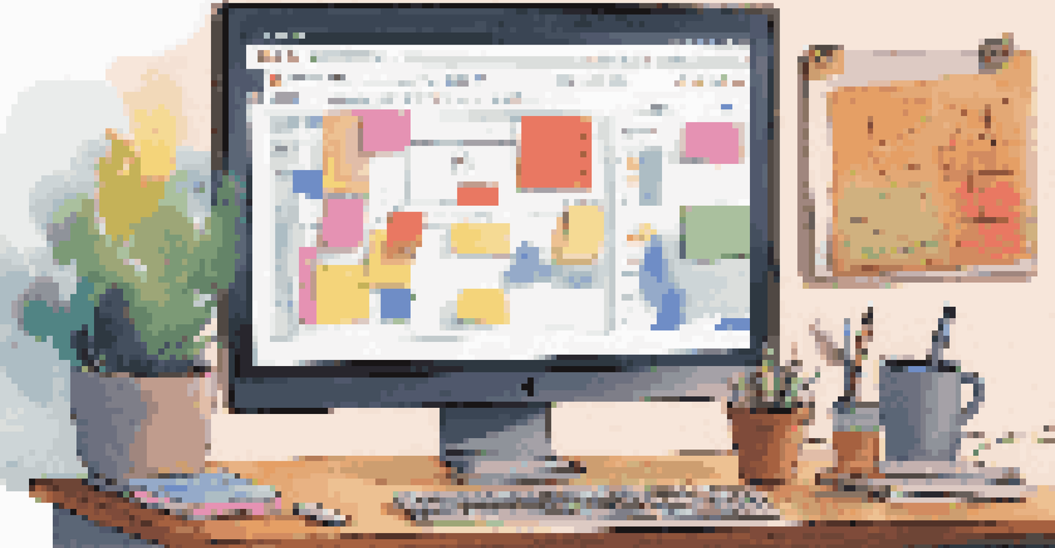 A computer screen displaying a colorful digital collaboration tool interface in a cozy home office setting.