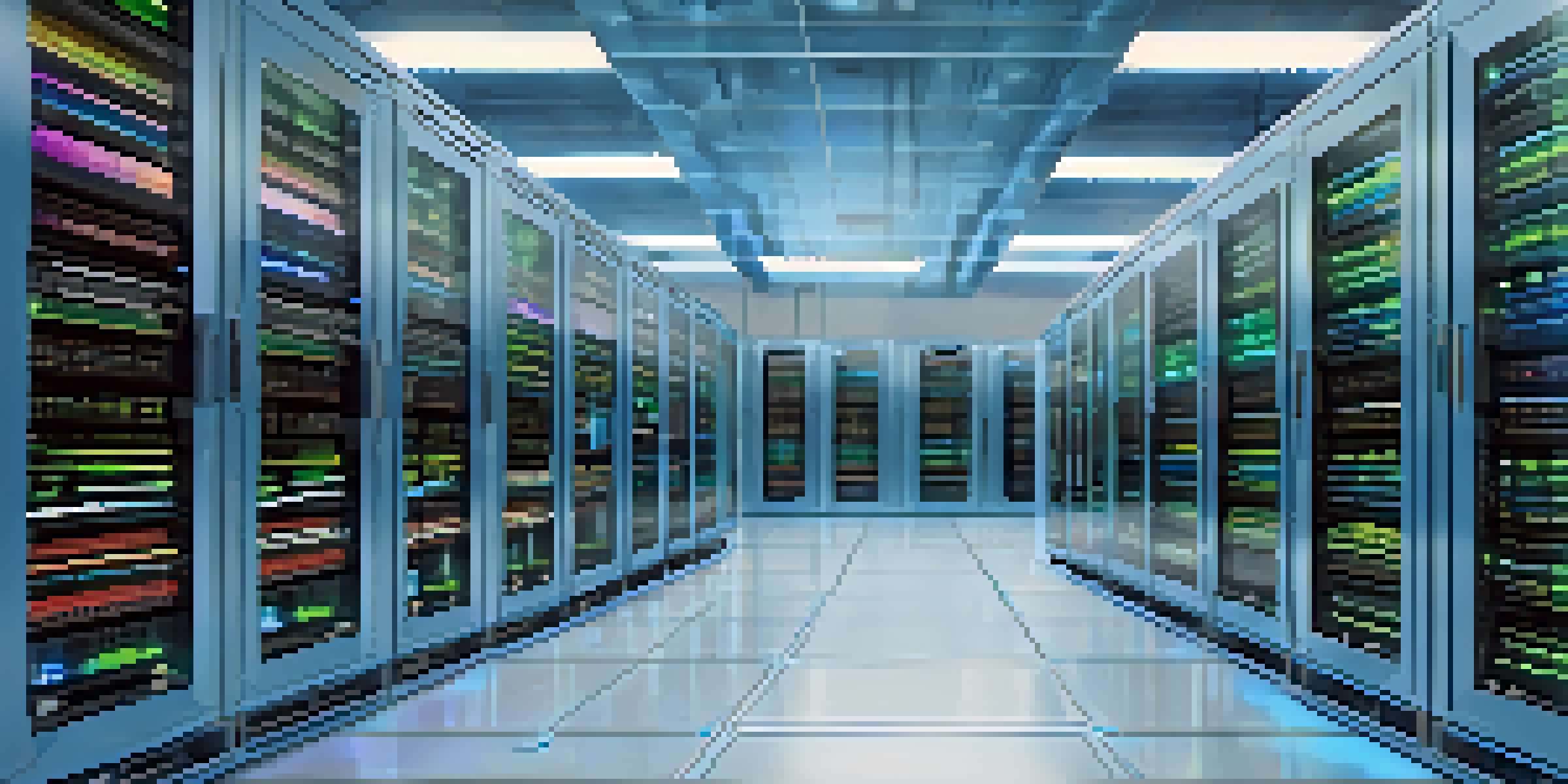 A well-organized cloud server room filled with blinking servers and neat cable management, illuminated by white LED lights.