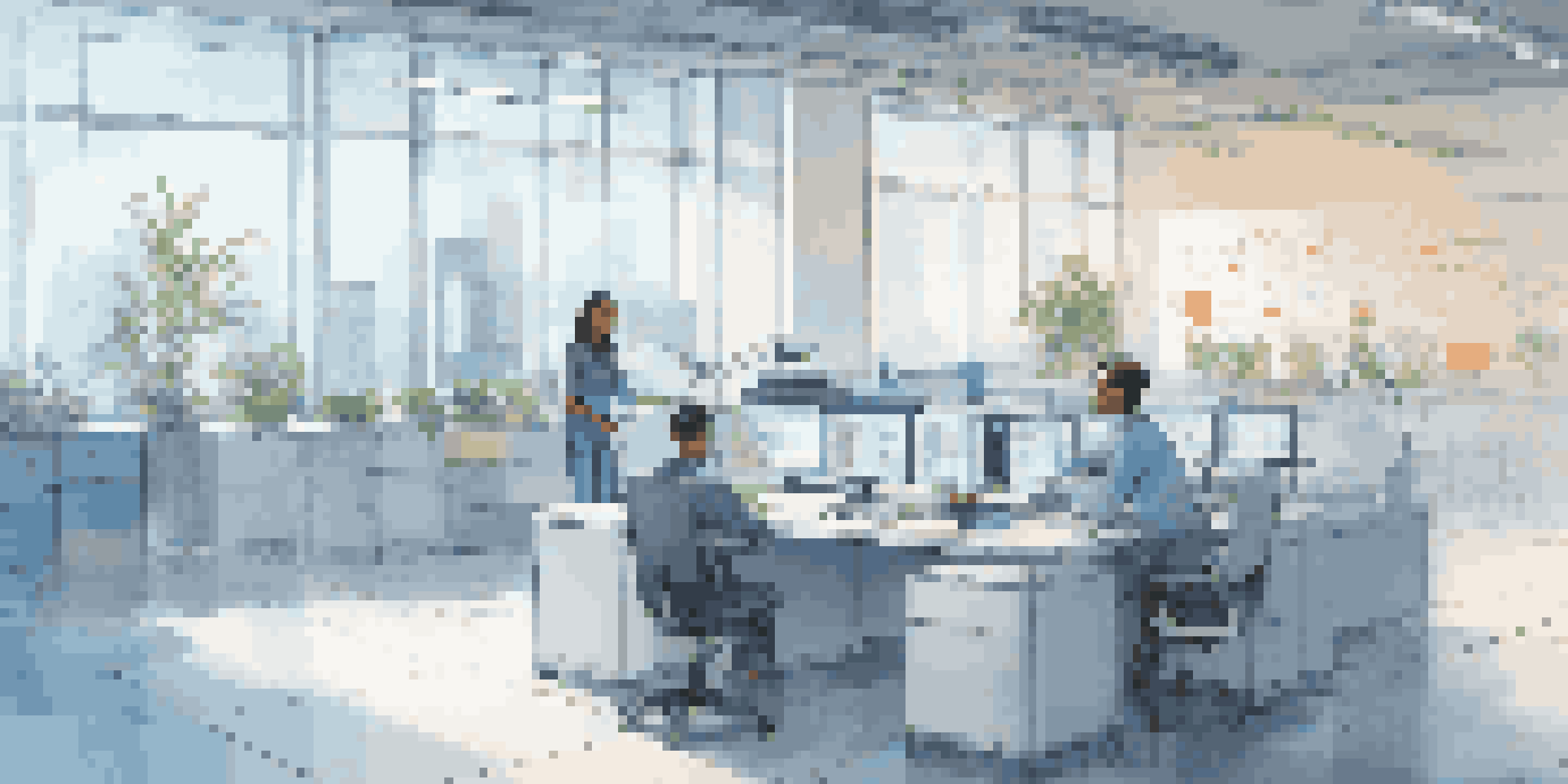 A humanoid robot working alongside a human in a bright modern office, focused on a data-filled computer screen.