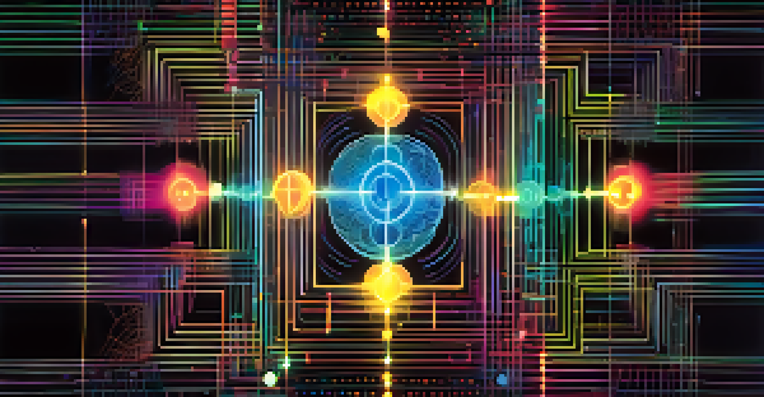 An abstract image of glowing quantum bits interconnected by lines, representing quantum cryptography.