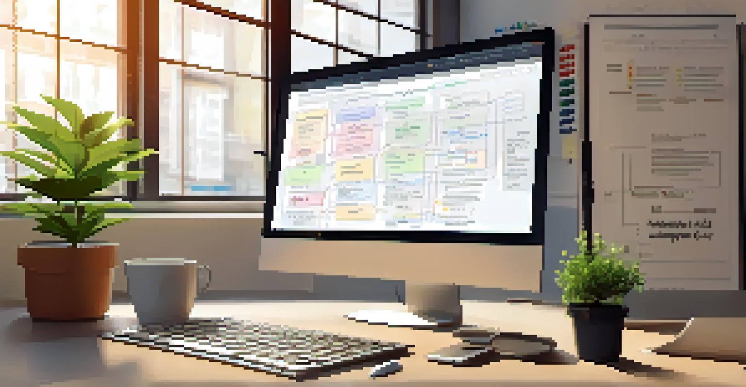 A computer screen showing a flowchart of the low-code application development process with a workspace around it.